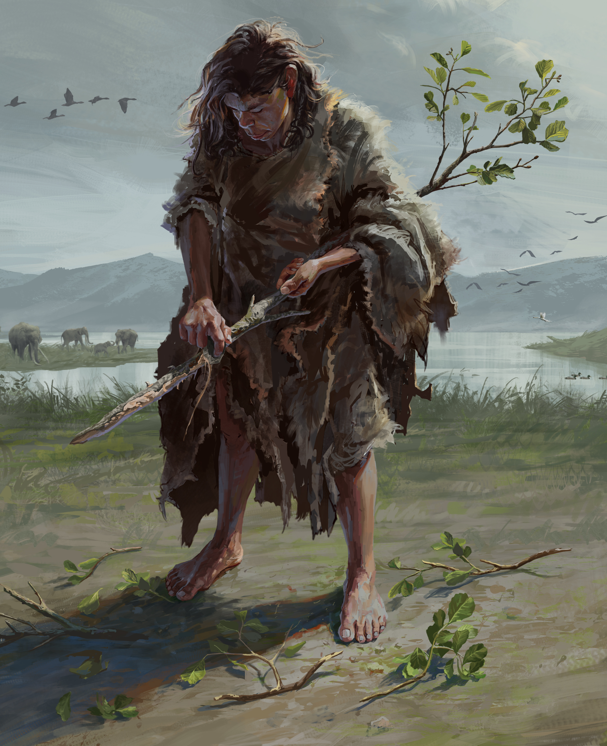 Artist's reconstruction of an early human in the process of debarking the item that would eventually become the larger of the two oldest known tools Artist's reconstruction of an early human in the process of debarking the item that would eventually become the larger of the two oldest known tools